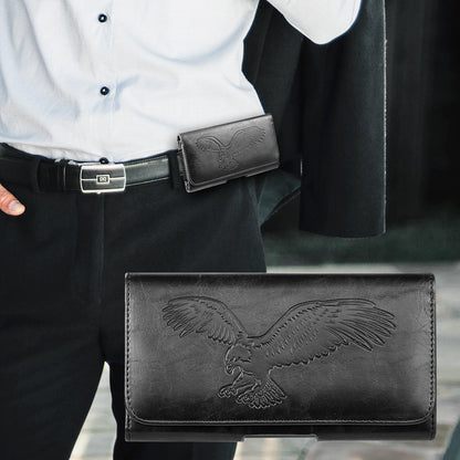 For Apple iPhone 16 Pro (6.3") Universal Horizontal Leather Phone Case with Embossed American Eagle Pouch Belt Clip Holster & Magnetic Pouch [Black]