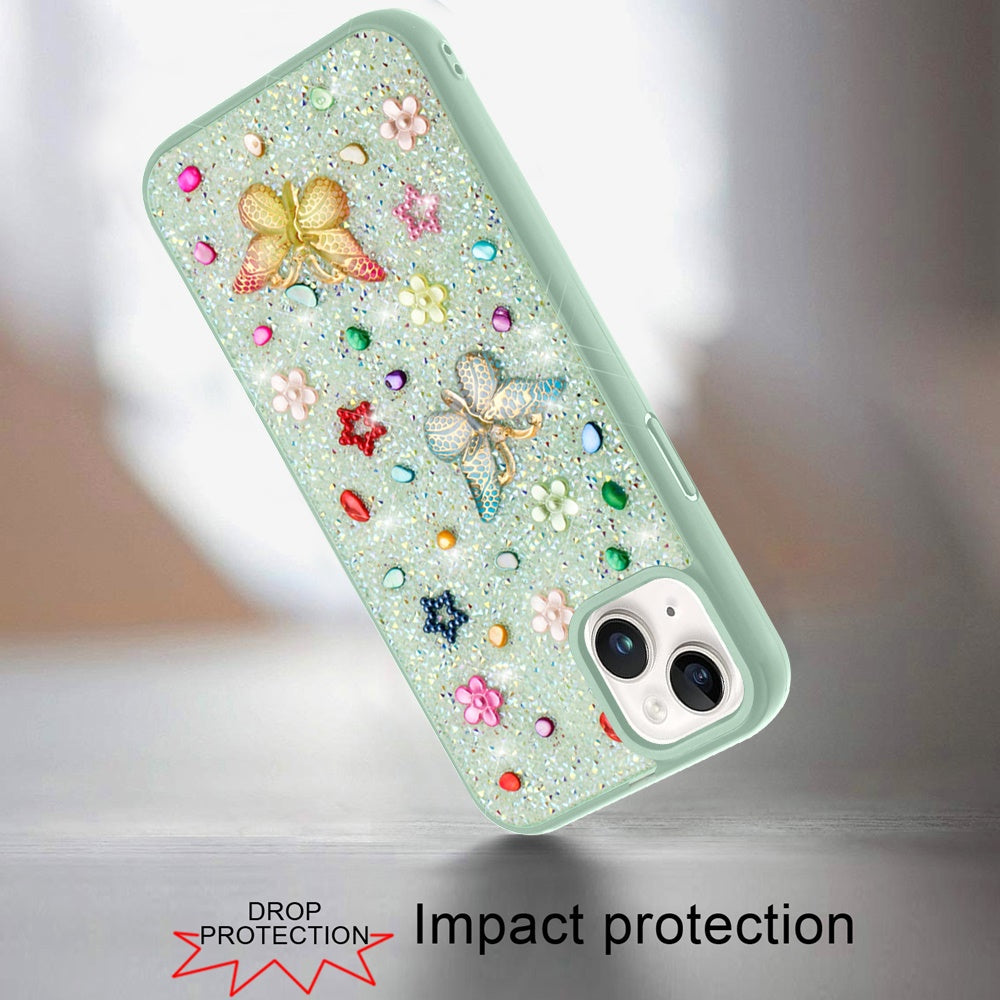 Phone Case for iPhone 15 Plus (6.7") 3D Butterfly Diamond Bling Glitter Shockproof Stylish Protective Luxury Hybrid Sparkly Durable Grip Design Cover Teal