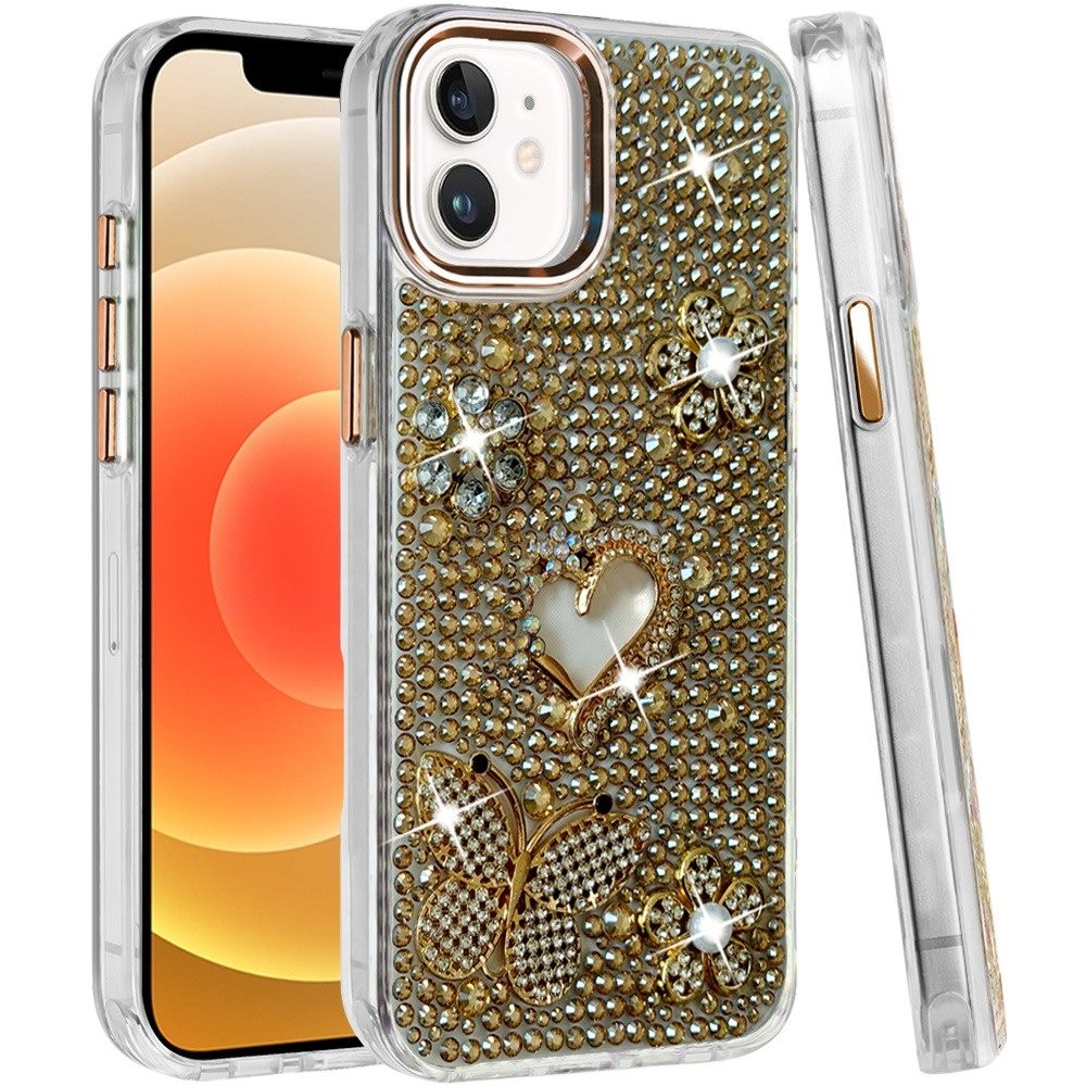 Phone Case for Apple iPhone 12 /12 Pro Luxury Crystal Butterfly Floral Jeweled Heart Full Diamond Design, Sparkling Decorative Details, Elegant Style Cover