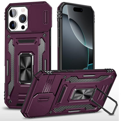 Phone Case for iPhone 16 Pro Max Tough Metal Ring Shockproof Sliding Camera Window Hybrid Armor Rugged Anti Slip Heavy Duty Grip Cover Purple