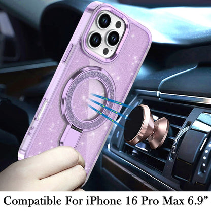 Phone Case for Apple iPhone 16 Pro Max Colofull Transparent Glitter Magnetic Ring Stand Shockproof Rotating Grip Protective Hybrid Durable Cover Light Purple