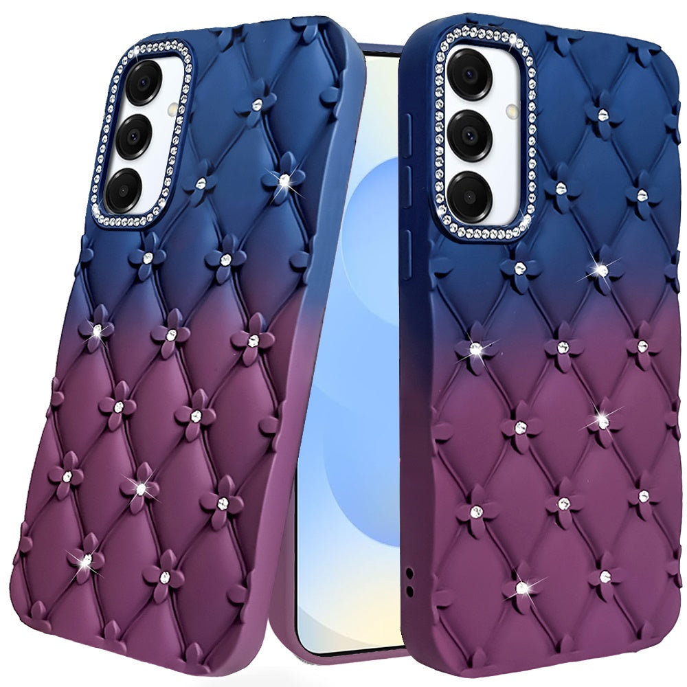 For Samsung Galaxy S25 Ultra Fashion Flower Design Sparkle Glitter Shimmer Rhinestone Bling Floral Accents, Leather Texture TPU Case Cover Dark Blue /Burgundy