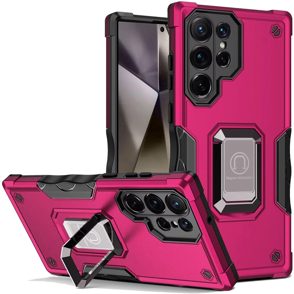 For Samsung Galaxy S25 Ultra Hybrid Stand Magnetic Ring Holder Kickstand Heavy Duty Rugged Drop Silicone & Hard PC Shockproof Case Cover Hotpink