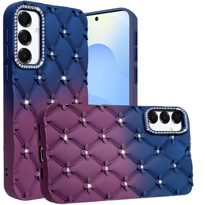 For Samsung Galaxy S25 Ultra Fashion Flower Design Sparkle Glitter Shimmer Rhinestone Bling Floral Accents, Leather Texture TPU Case Cover Dark Blue /Burgundy