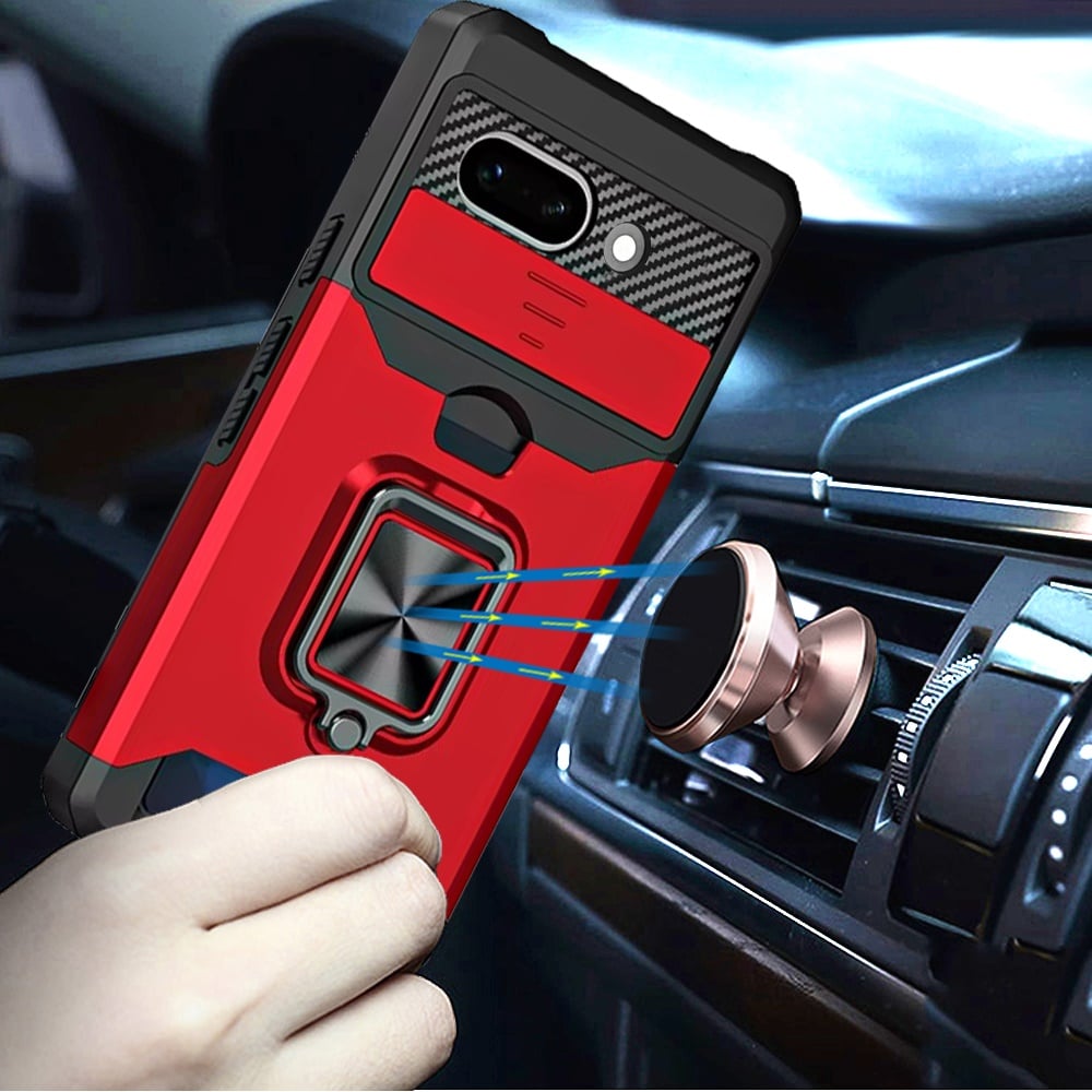 Phone Case for Google Pixel 10A Card Holder Magnetic Ring Stand Shockproof Anti Slip Wallet Grip Protective Hybrid Design Cover Cosmic Orange