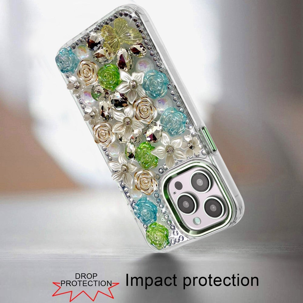 Luxury Rose Bling Rhinestone Glitter Floral Hybrid Shockproof Stylish Protective Designer Ornament Sparkle