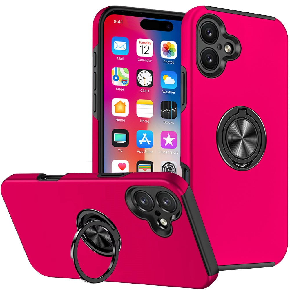 For Apple iPhone 16 (6.1") Hybrid Slim Kickstand with Metal Invisible Ring Stand Holder Fit Magnetic Car Mount Shockproof Case Cover