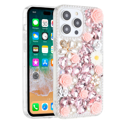 Phone Case for Apple iPhone 15 Pro Max Rose Flower Full Diamond Bling Rhinestone Glitter Luxury Stylish Sparkle Protective Designer Hybrid Cover Pink
