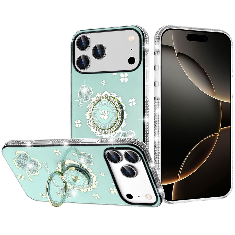 For Apple iPhone 17 Pro (6.3") Diamonds Bling All Around Edges Sparkly Glitter Hybrid with Ring Stand Holder Fashion Good Luck Case Cover