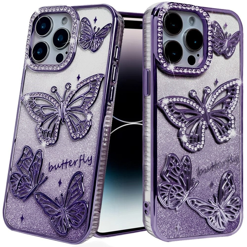 For iPhone 14 Pro Max (6.7") Luxury Butterfly Sparkle Glitter Diamond Crystal Rhinestone Shimmer Bling Plating Thick TPU Hard PC Case Cover