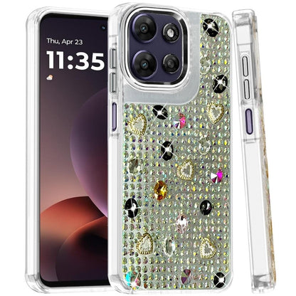 Phone Case for Moto G Power 5G (2026/2025) Chrome Fashion Hybrid Bling Diamond Heart Rhinestone Decorative Stones Sparkling Embellished Design Cover