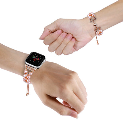 Watch Band for Apple Watch 38/40/41mm, Series 1-8 & SE Pearls Fashion Bling Strand Metal Adjustable replacment Bracelet Style with Secure Attachment