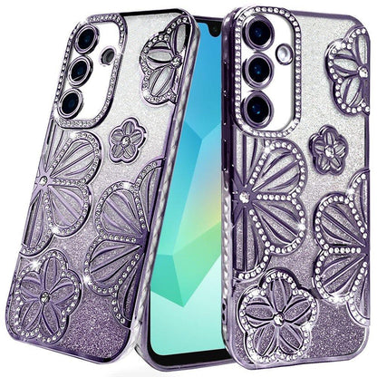 Phone Case for Samsung Galaxy A16 5G Shimmer Glitter Floral Thick TPU Shockproof Durable Grip Camera Protection Anti-Scratch Stylish Design Cover Purple