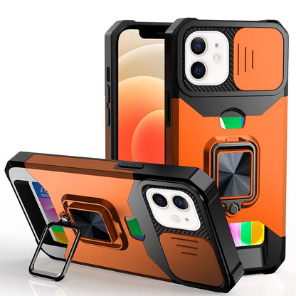 For iPhone 12 / iPhone 12 Pro (6.1") Wallet Case with Ring Stand & Slide Camera Cover Back Credit Card Slot Holder, Military Grade Case Cover Cosmic Orange
