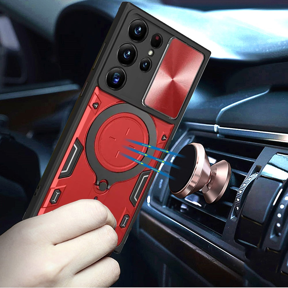 Phone Case for Samsung Galaxy S23 Ultra Magnetic Ring Stand Shockproof Hybrid Full Camera Slide Guard Anti Slip Heavy Duty Protective Armor Cover Red