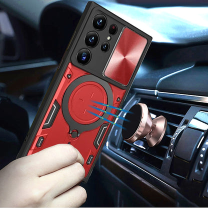 Phone Case for Samsung Galaxy S23 Ultra Magnetic Ring Stand Shockproof Hybrid Full Camera Slide Guard Anti Slip Heavy Duty Protective Armor Cover Red