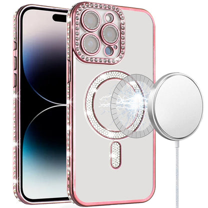 For Apple iPhone 13 Pro Max Bling Case with Diamond Magnetic Circle, Transparent Slim Shockproof Hybrid Slim Fit Case Cover