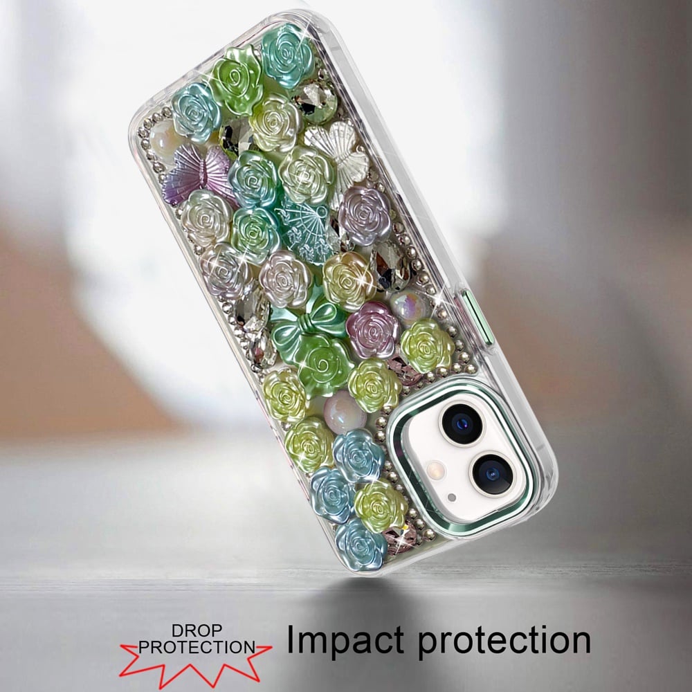 For iPhone 12 / iPhone 12 Pro (6.1") Muti-Color Floral Fashion Bling Crystal 3D Full Diamonds Stones Sparkle Rhinestone Glitter Hybrid Case Cover Green