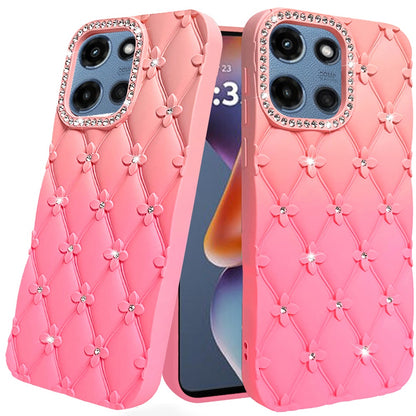 For Motorola Moto G 5G 2025 Fashion Flower Design Sparkle Glitter Shimmer Rhinestone Bling Floral Accents, Leather Texture TPU Case Cover