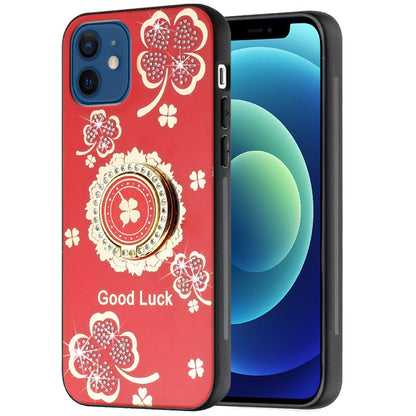 For iPhone 16 (6.1") Diamonds 3D Fashion Floral Bling Sparkly Glitter Ornaments Engraving Hybrid with Ring Stand Case Cover Good Luck Floral Red
