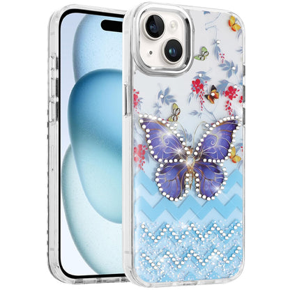 Phone Case for Apple iPhone 15 Butterfly Resin Epoxy Diamond Bling Metal Edge Shockproof Hybrid Luxury Protective Durable Stylish Fashion Grip Cover