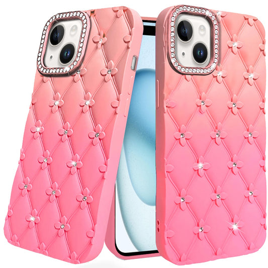 For Apple iPhone 16 Pro Max (6.9") Fashion Flower Design Sparkle Glitter Shimmer Rhinestone Bling Leather Feel Thick TPU Rubber Hard PC Case Cover