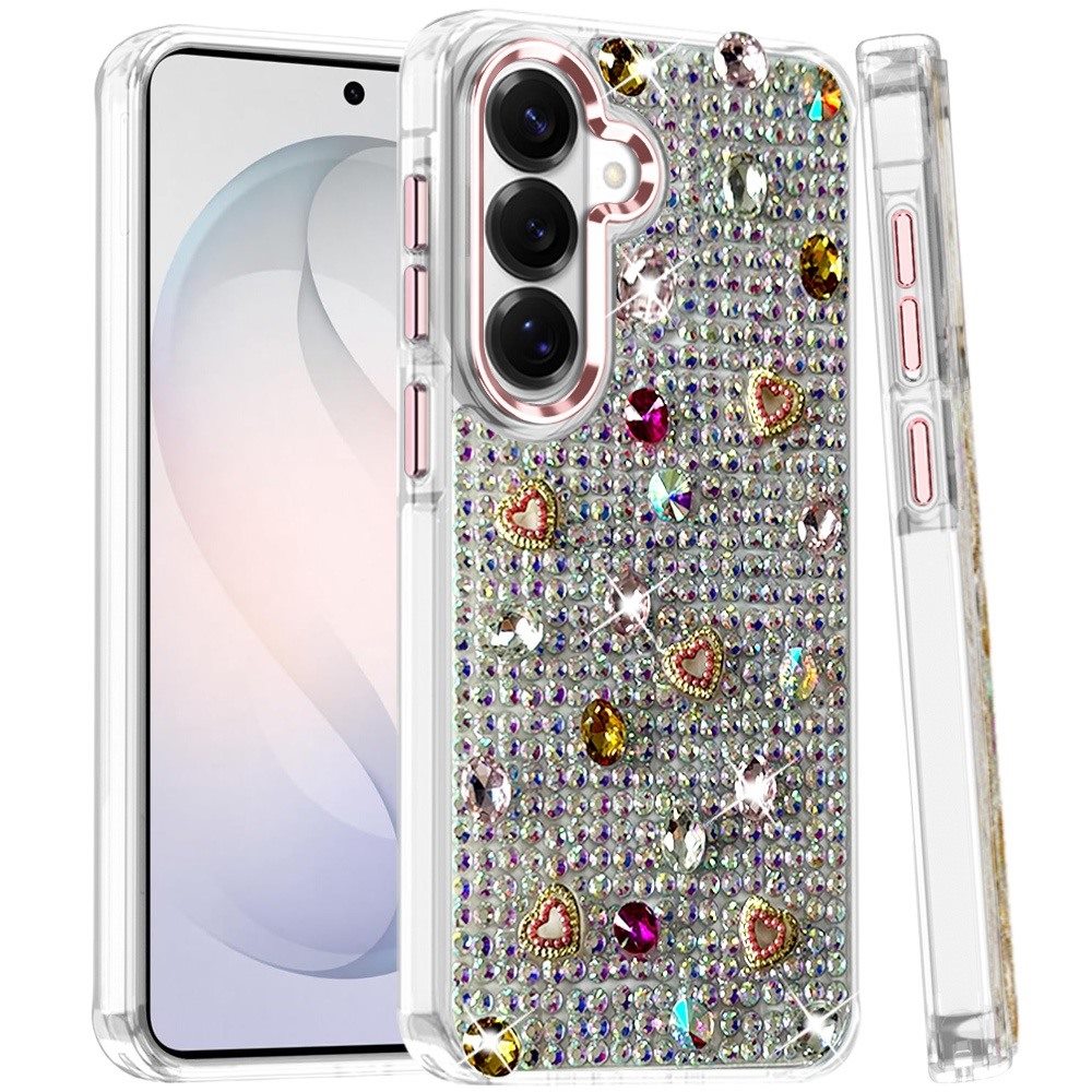 Phone Case for Samsung Galaxy S26 FE /Fan Edition Chrome Fashion Hybrid Bling Diamond Heart Rhinestone Decorative Stones Sparkling Embellished Design Cover