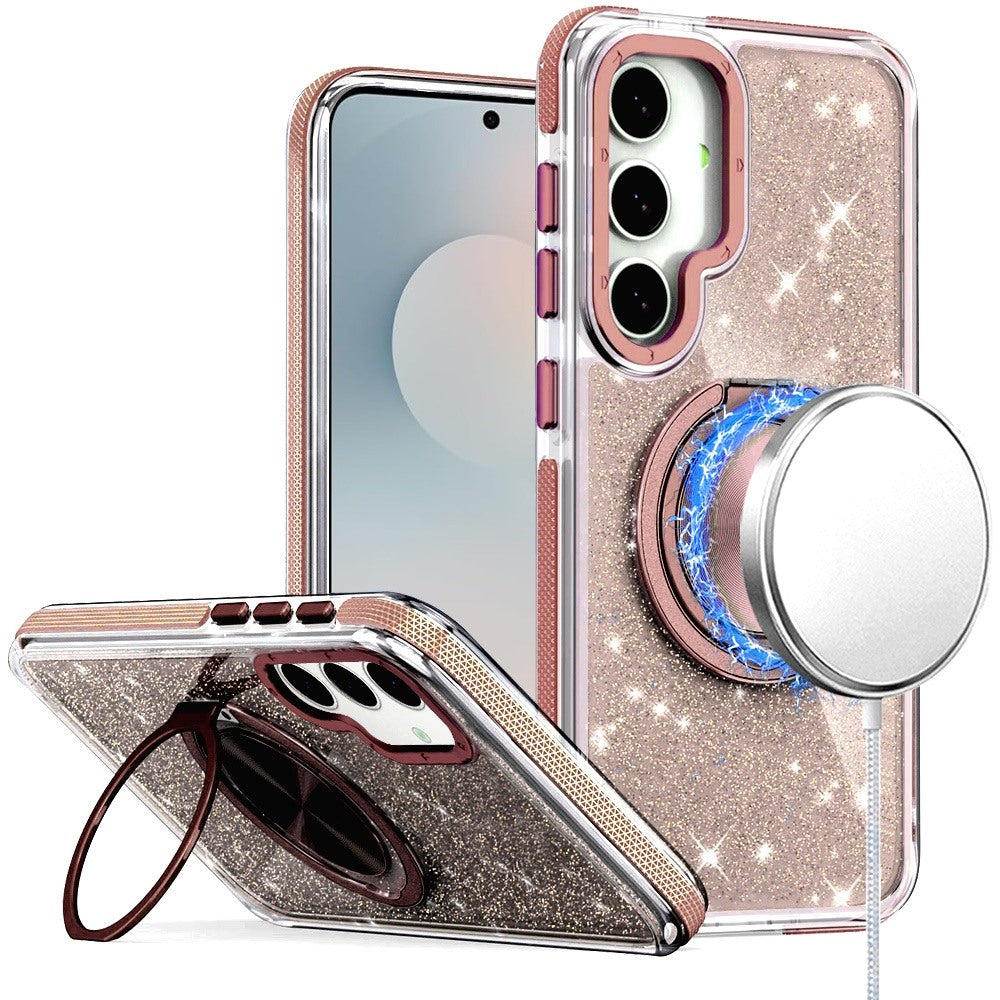 For Samsung Galaxy S25 FE /S25 Fan Edition Slim Bling Glitter Sparkly Shimmer Hybrid with Magnetic Ring and 360° Rotational Stand [Compatible with Magsafe] Case Cover Black