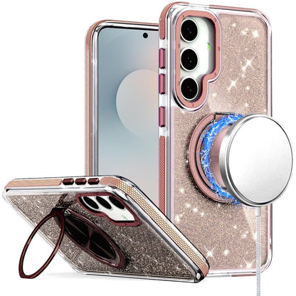 For Samsung Galaxy S25 FE /S25 Fan Edition Slim Bling Glitter Sparkly Shimmer Hybrid with Magnetic Ring and 360° Rotational Stand [Compatible with Magsafe] Case Cover Gold