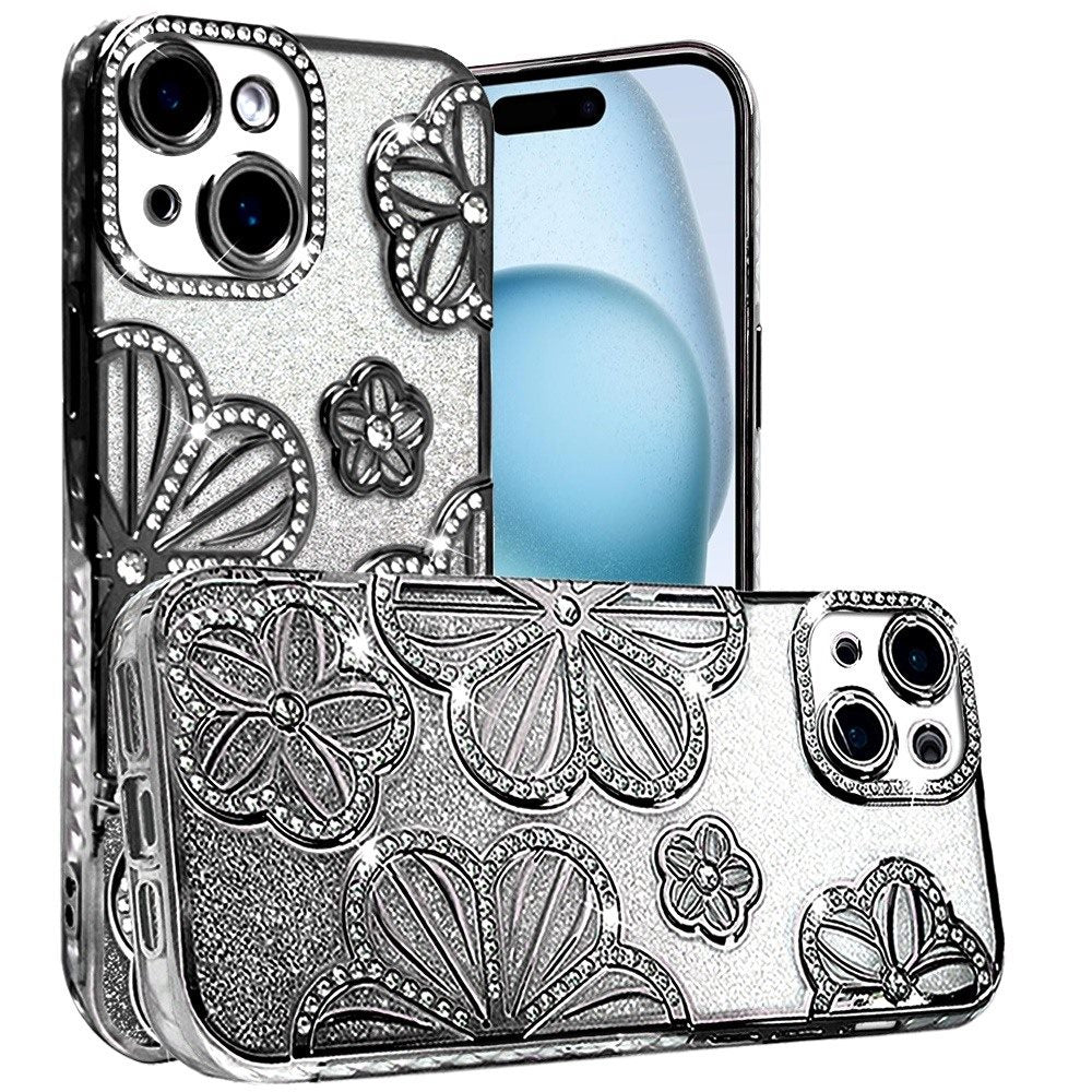 For Apple iPhone 15 Luxury Flower Design Sparkle Glitter Diamond Rhinestone Shimmer Bling Plating Thick TPU Hard PC Case Cover