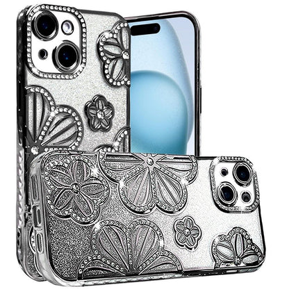For Apple iPhone 15 Luxury Flower Design Sparkle Glitter Diamond Rhinestone Shimmer Bling Plating Thick TPU Hard PC Case Cover