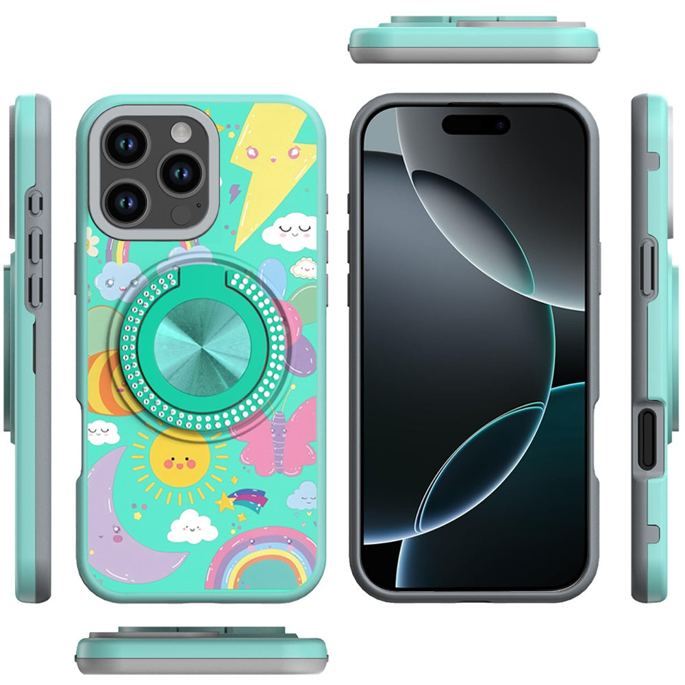 For iPhone 16 Pro Max (6.9") Pattern Design Hybrid with Invisible Ring Stand & Magnetic Back, Shockproof Protective Grip Case Cover