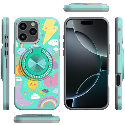 For iPhone 16 Pro Max (6.9") Pattern Design Hybrid with Invisible Ring Stand & Magnetic Back, Shockproof Protective Grip Case Cover