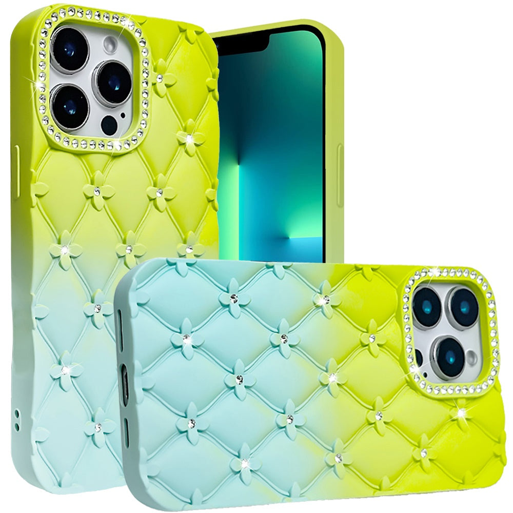 For Apple iPhone 14 / iPhone 13 (6.1") Fashion Flower Design Sparkle Glitter Shimmer Rhinestone Bling Leather Feel Thick TPU Rubber Hard PC Case Cover