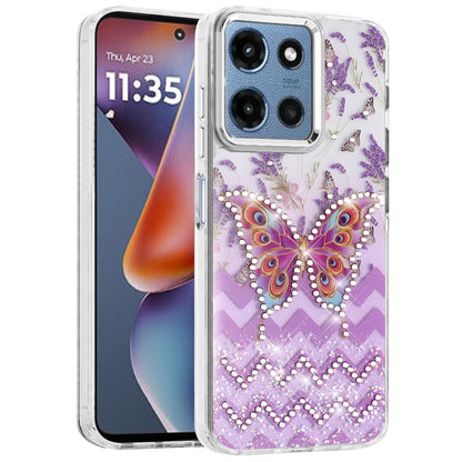 Phone Case for Motorola Moto G Play 5G 2026 Butterfly Resin Epoxy Diamond Bling Metal Edge Shockproof Hybrid Luxury Protective Durable Stylish Fashion Grip Cover