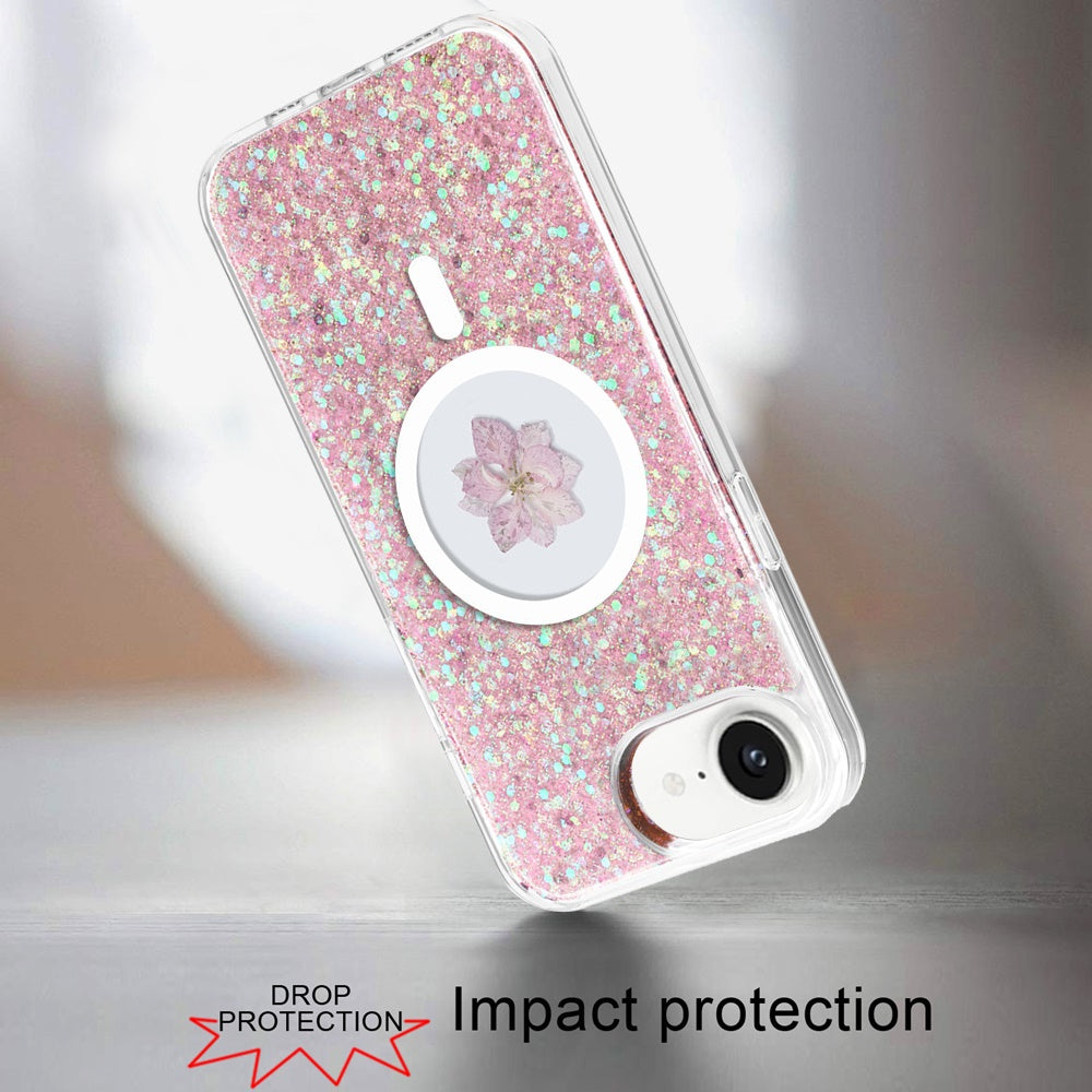 For Apple iPhone 16e MagSafe Compatible Glitter Flower Epoxy Hybrid Slim TPU Case, Magnetic Circle Design, Sparkly Bling Protective Case Cover