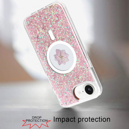 For Apple iPhone 16e MagSafe Compatible Glitter Flower Epoxy Hybrid Slim TPU Case, Magnetic Circle Design, Sparkly Bling Protective Case Cover