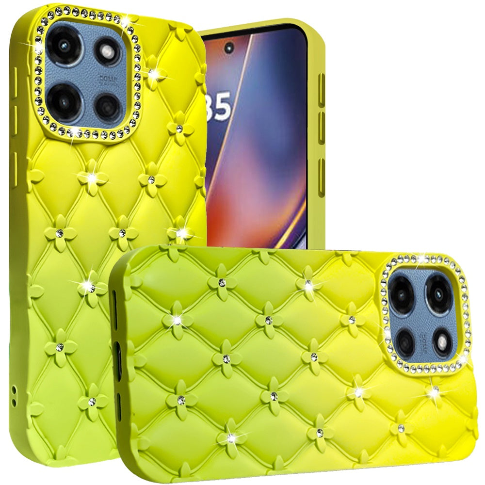 For Motorola Moto G Play 5G 2026 Fashion Flower Design Sparkle Glitter Shimmer Rhinestone Bling Floral Accents, Leather Texture TPU Case Cover Yellow/Green