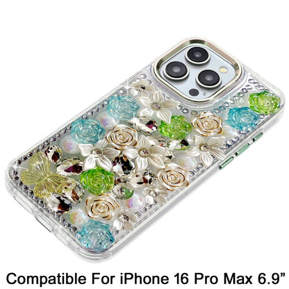 Phone Case for Apple iPhone 16 Pro Max Luxury Rose Bling Rhinestone Glitter Floral Hybrid Shockproof Stylish Protective Designer Ornament Sparkle Cover