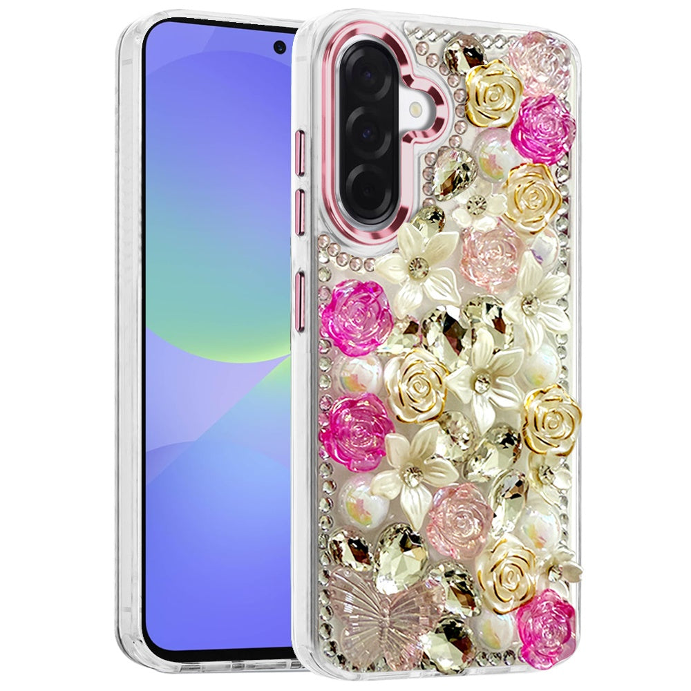 For Samsung Galaxy A37 3D Diamond Floral Roses Flower Bling Stone Hybrid, Sparkly Rhinestone Gemstone Back Shockproof Case Cover