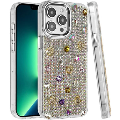 Phone Case for Apple iPhone 13 Pro Max Chrome Fashion Hybrid Bling Diamond Heart Rhinestone Decorative Stones Sparkling Embellished Design Cover