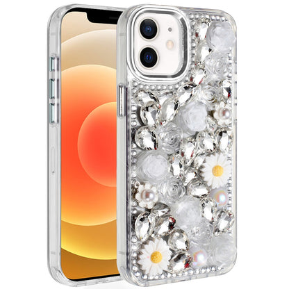 For Apple iPhone 16 Plus (6.7") Fashion Daisy Floral Series, Full 3D Bling Crystal Diamonds Sparkling Rhinestone Glitter Hybrid Design Case Cover