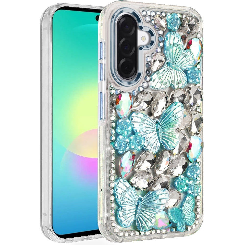 Phone Case for Samsung Galaxy A27 Luxury 3D Floral Butterfly Bling Rhinestone Glitter Shockproof Stylish Protective Hybrid Designer Metallic Cover