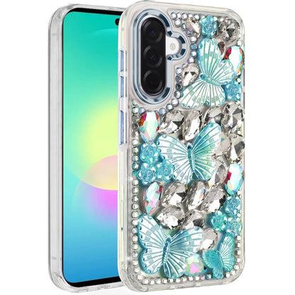 Phone Case for Samsung Galaxy A27 Luxury 3D Floral Butterfly Bling Rhinestone Glitter Shockproof Stylish Protective Hybrid Designer Metallic Cover