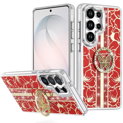 For Samsung Galaxy S26 Ultra Diamonds 3D Butterfly Floral Design Bling Sparkly Glitter Hybrid Metal Fashion with Ring Stand Case Cover