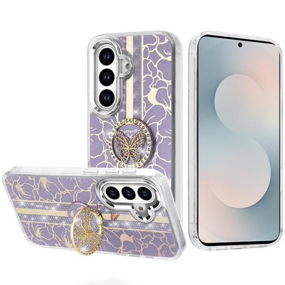 Phone Case for Samsung Galaxy S25 FE Fan Edition Floral Butterfly Ring Stand Glitter Bling Shockproof Hybrid Luxury Fashion Protective Anti Slip Durable Grip Cover Purple