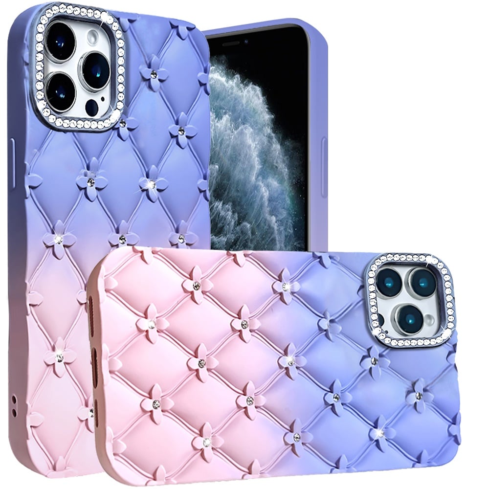 For Apple iPhone 11 Pro Max Fashion Flower Design Sparkle Glitter Shimmer Rhinestone Bling Floral Accents, Leather Texture TPU Case Cover Light Blue/Light Pink