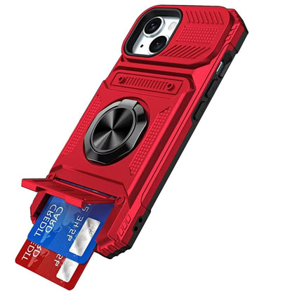 Phone Case for Apple iPhone 15 Multi Functional Card Slot Shockproof Metal Ring Hybrid Wallet Rugged Protective Grip Heavy Duty Durable Cover Red