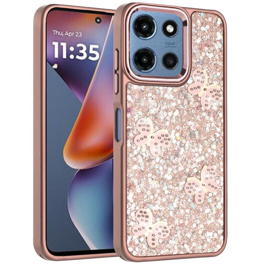 Phone Case for Motorola Moto G Play 5G 2026 Cute Butterfly Diamond Glitter Metallic Hybrid Shockproof Shimmer Grip Stylish Protective Luxury Designer Cover