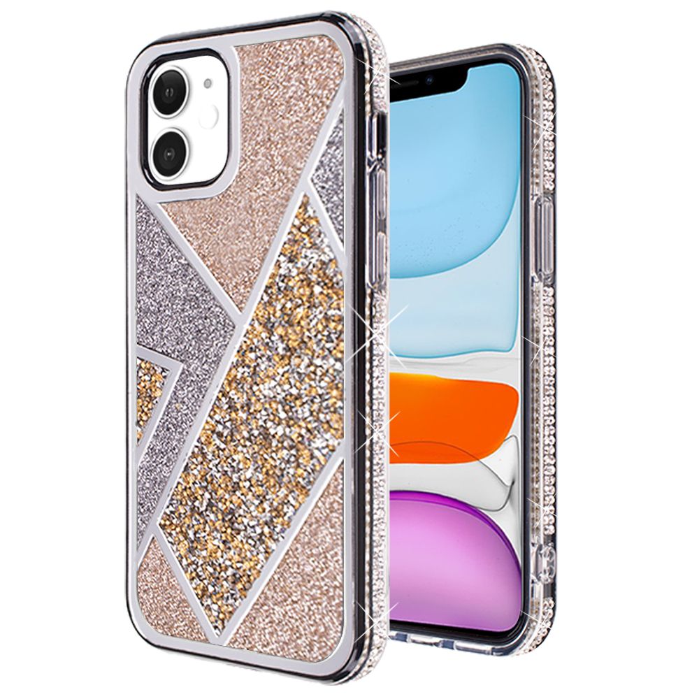 For Apple iPhone 16 (6.1") Cute Fancy Glitter Bling Diamond Rhinestone Sparkly Bumper Fashion Shiny Hybrid Rugged TPU Case Cover Gold